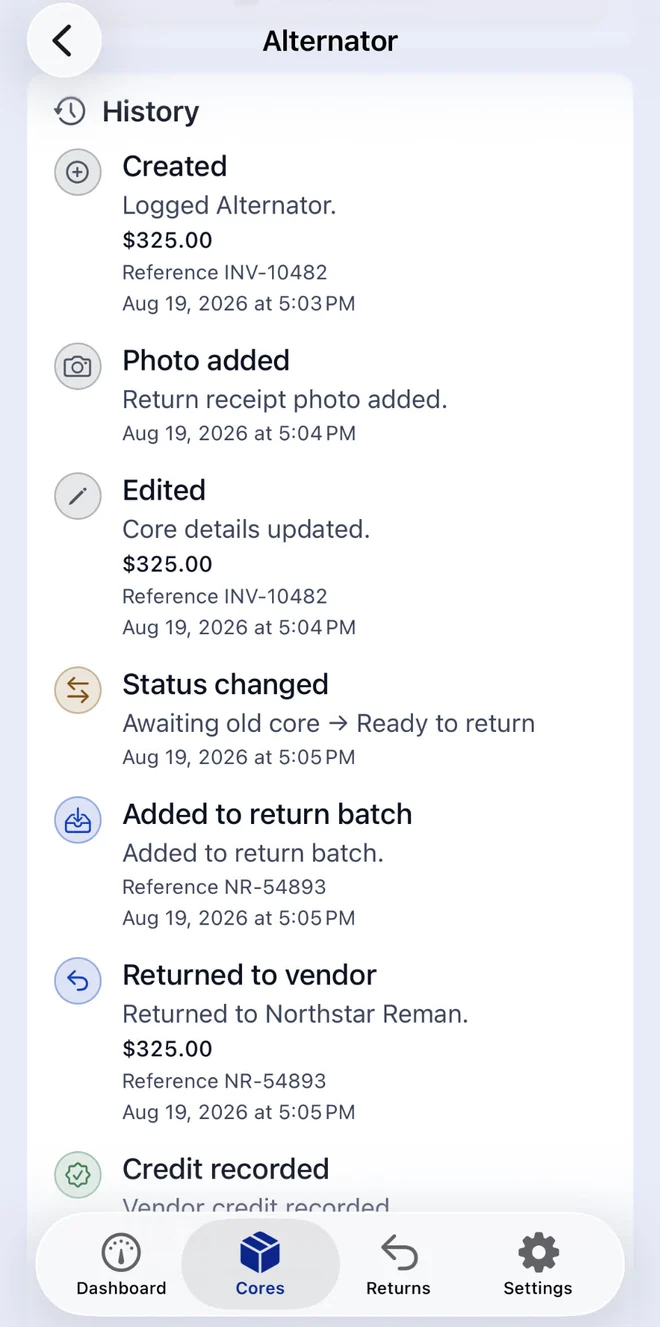 The history of an Alternator core: created, photo added, edited, status changed to ready to return, added to a return batch, returned to Northstar Reman, and credit recorded.